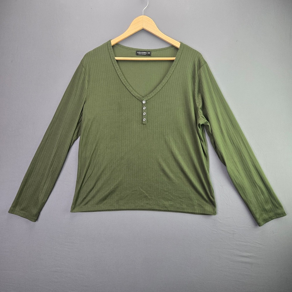 Liz & Sara Top 2X Green Ribbed Henley V-Neck Long Sleeve Plus Size Casual Blouse